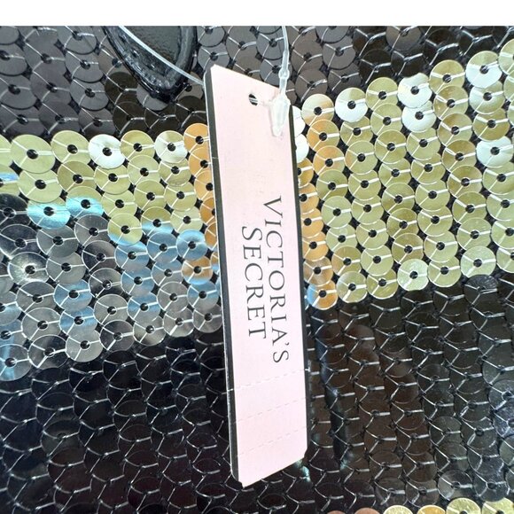 VICTORIA'S SECRET Large Travel Canvas/Sequin Striped Tote Bag Black W/ pouch New - Picture 5 of 14